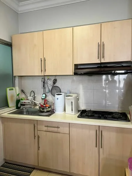 Kitchen features: light wood cabinetry, stainless-steel sink, chrome pull-down faucet, built-in gas stove, white countertop, white kettle, white water dispenser, wall-mounted range hood, ceramic tile backsplash, kitchen utensils, dish rack, floor mat; style: modern.