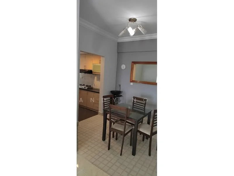 Dining features: 4-seater dining table, wooden dining chairs, ceiling fan with light, grey painted walls, tile flooring, mirror on wall, open layout to kitchen, kitchen visible in background; style: modern.