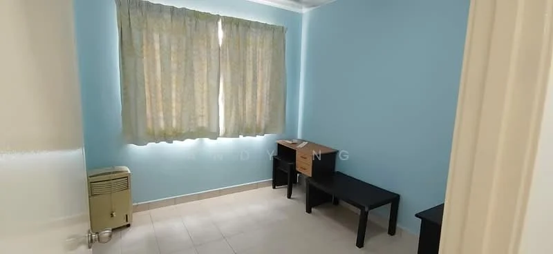 Room features: light blue painted walls, tile flooring, window with sheer curtains, small desk, black side table, air conditioning unit, natural light from window.