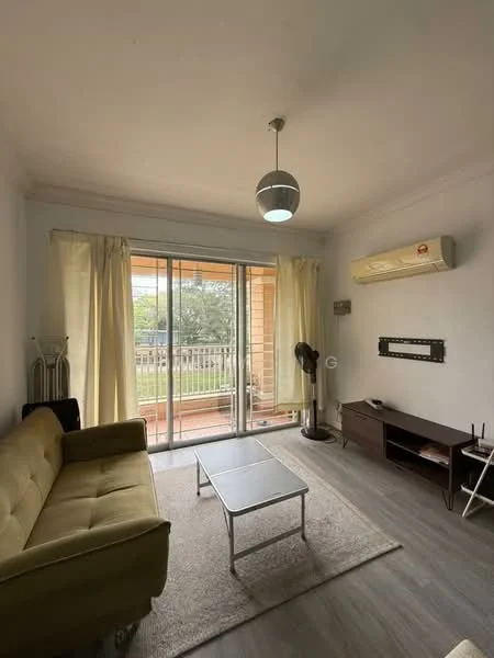 Living features: green fabric sofa, metal coffee table, TV console, wall-mounted TV, ceiling light fixture, floor-to-ceiling sliding glass doors, curtains, wall-mounted air conditioning unit, wooden flooring, area rug; style: modern; view: garden.