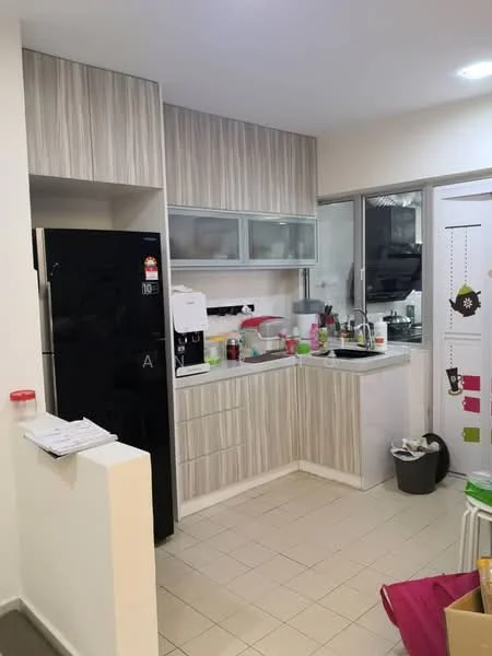Kitchen features: black refrigerator, white countertop, stainless-steel sink, chrome pull-down faucet, wooden cabinetry with light wood finish, glass upper cabinets, tile backsplash, ceramic tile flooring, window with view to outside, kitchen appliances visible, countertop with kitchen utensils, garbage bin; style: modern.