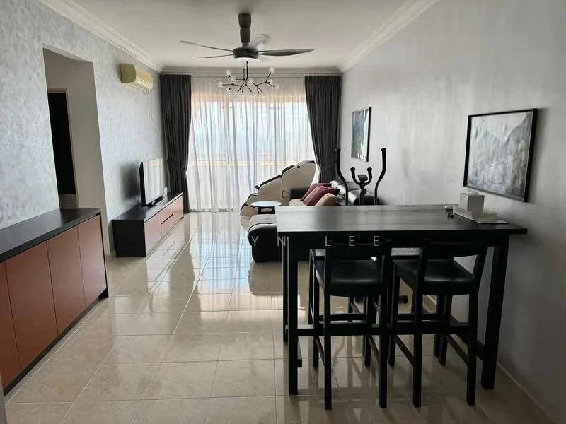 Living features: cream painted walls, glossy tile flooring, 5-blade ceiling fan with light, floor-to-ceiling windows, sheer curtains, blackout curtains, wall-mounted TV, TV console, sofa with cushions, coffee table, dining table with high chairs, decorative wall art; style: modern; view: city.