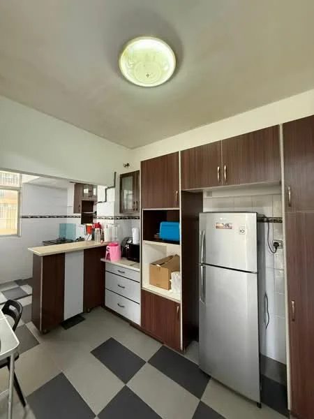 Kitchen features: stainless-steel fridge, white cabinetry, dark wood cabinetry, countertop with breakfast bar, ceramic tile flooring, recessed ceiling light, built-in microwave, kitchen sink, wall-mounted storage, black and white checkered floor, window with natural light; style: modern.