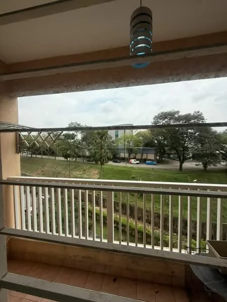 Balcony features: metal railing, tile flooring, overhead light fixture, view of greenery, view of street, partially covered area; view: garden.