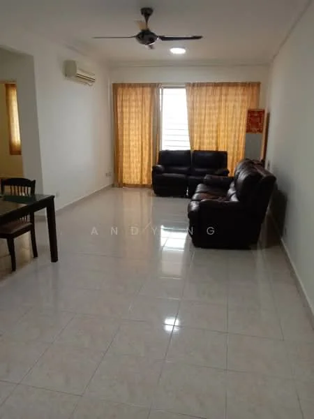Living features: cream painted walls, glossy tile flooring, 5-blade ceiling fan, floor-to-ceiling windows with sheer curtains, 2-seater leather sofa in dark brown, 3-seater leather sofa in dark brown, dining table with 4 chairs, air conditioning unit on wall; style: modern.
