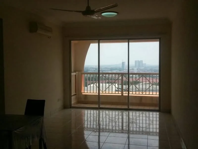 Living features: floor-to-ceiling windows, sliding glass door, balcony with railing, cream painted walls, glossy tile flooring, ceiling fan, wall-mounted split AC, natural light from balcony; view: city.