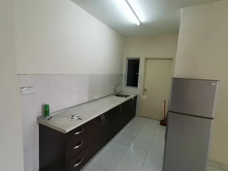 Kitchen features: white tiled walls, grey laminate countertop, dark wood cabinetry, stainless-steel fridge, single-bowl stainless-steel sink, chrome pull-down faucet, white ceramic tile flooring, fluorescent ceiling lights, window with white frame, door leading to another room; style: modern.