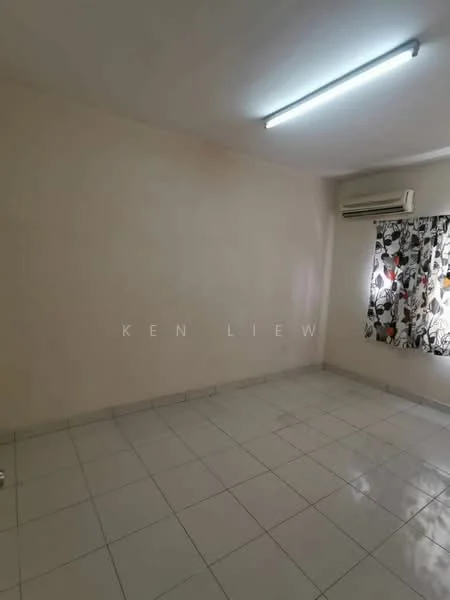 Room features: white painted walls, glossy ceramic tile flooring, 1 wall-mounted split AC, window with floral-patterned curtains, fluorescent ceiling light.