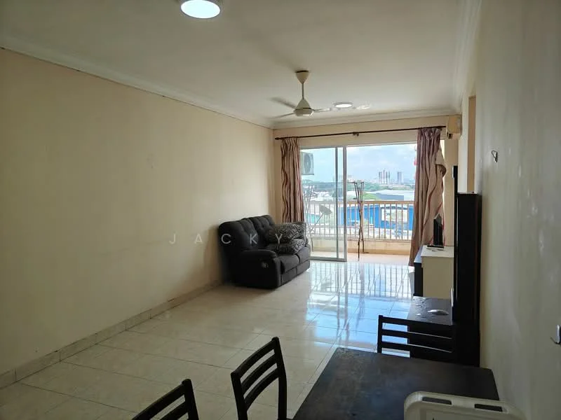 Living features: cream painted walls, white ceiling with recessed lighting, 5-blade ceiling fan, floor-to-ceiling sliding glass door, curtains, grey fabric sofa, tile flooring, dining table with black chairs, TV console, view of city skyline; style: modern; view: city.
