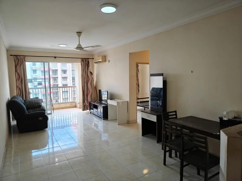 Living features: 3-seater fabric sofa in black, coffee table, TV console, wall-mounted TV, floor-to-ceiling windows, sliding glass door, curtains, ceiling fan, recessed downlights, tile flooring, cream painted walls, air conditioning unit; style: modern; view: city. Dining features: 4-seater dining table, wooden dining chairs, open shelving, cream painted walls, tile flooring; style: modern.