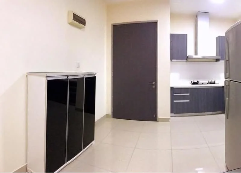 Kitchen features: grey cabinetry, white countertop, stainless-steel range hood, 2-burner gas hob, stainless-steel fridge, black storage cabinet, cream painted walls, glossy tile flooring, wall-mounted split AC; style: modern.