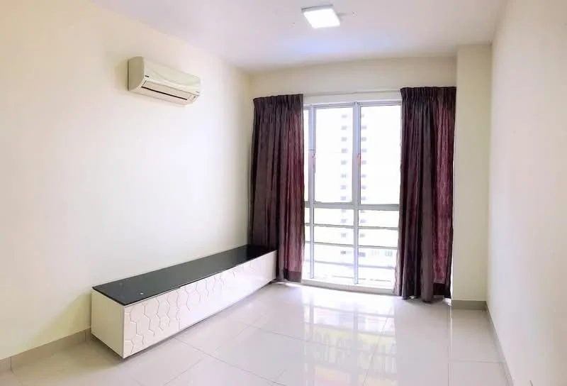 Room features: cream painted walls, glossy tile flooring, floor-to-ceiling windows, sheer curtains, 1 wall-mounted split AC, built-in storage bench with black top, recessed ceiling light; style: modern; view: city.