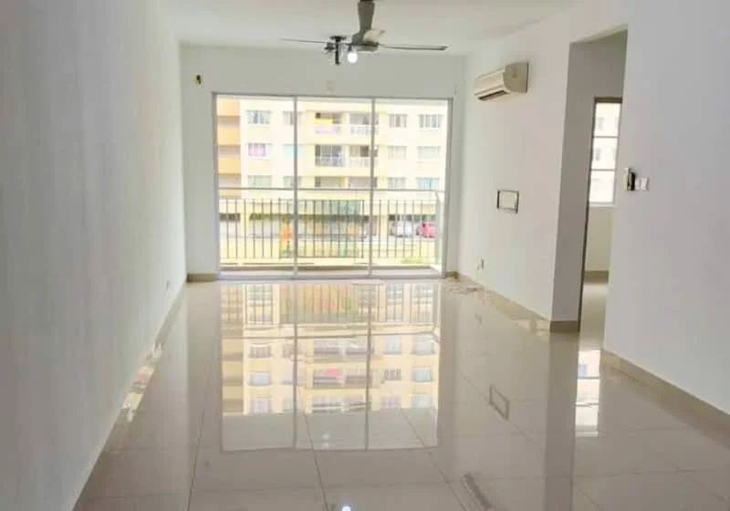 Living features: white painted walls, glossy ceramic tile flooring, 5-blade ceiling fan with light, floor-to-ceiling sliding glass door, balcony view, air conditioning unit, natural light from large windows, neutral color scheme; style: modern; view: city.