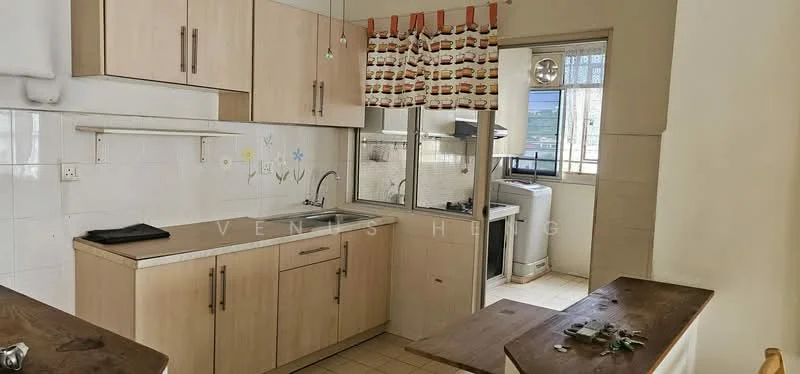 Kitchen features: light wood cabinetry, white tiled backsplash, white ceramic tile flooring, single-bowl stainless-steel sink, chrome pull-down faucet, built-in oven, freestanding washing machine, window with sheer curtains, kitchen table with wooden surface, wall-mounted shelf, decorative wall decals, countertop space; style: modern.