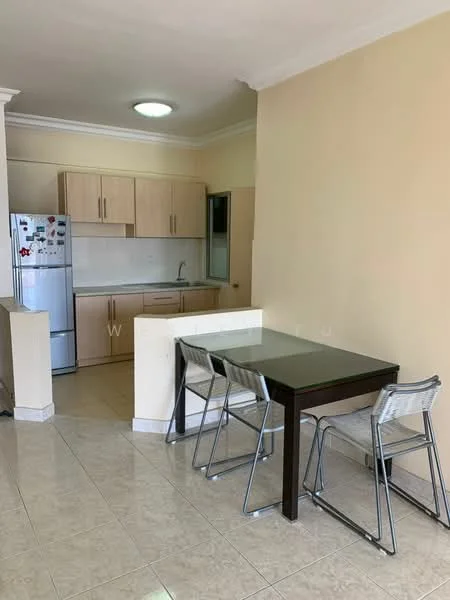 Kitchen features: light wood cabinetry, white tiled backsplash, stainless-steel fridge, built-in sink, single-bowl stainless-steel sink, chrome pull-down faucet, ceramic tile flooring, recessed ceiling lights, dining table with four chairs, open layout, window for natural light; style: modern.