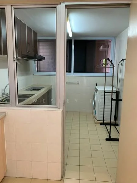 Kitchen features: light wood cabinetry, white countertop, stainless-steel sink, chrome pull-down faucet, built-in stove, tile backsplash, window with view, fluorescent ceiling light; style: modern. Laundry features: front-load washing machine, clothes drying rack, tile flooring, window with natural light.