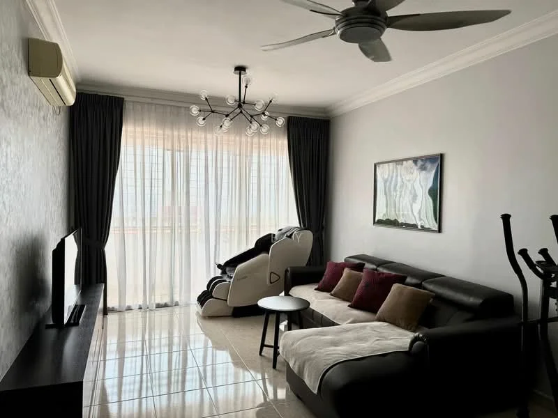 Living features: black leather sectional sofa, white throw blanket on sofa, round coffee table, wall-mounted TV, black TV console, chandelier with multiple bulbs, 5-blade ceiling fan, large floor-to-ceiling windows with sheer curtains, grey painted walls, tile flooring, decorative artwork on wall, exercise equipment in corner; style: modern; view: city.