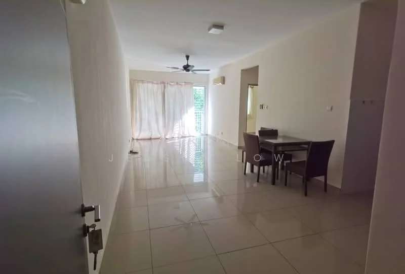 Living features: white painted walls, glossy ceramic tile flooring, 5-blade ceiling fan with light, large windows with sheer curtains, dining table with four chairs, air conditioning unit, neutral color scheme, open layout; style: modern; view: garden.