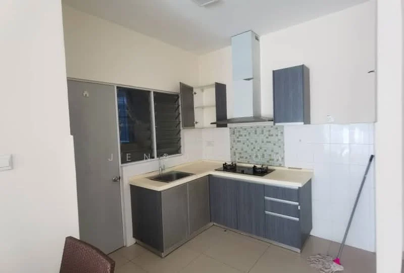 Kitchen features: L-shaped kitchen layout, grey laminate cabinetry, white countertop, single-bowl stainless-steel sink, chrome pull-down faucet, built-in gas hob, exhaust hood, mosaic tile backsplash, ceramic tile flooring, window with security grille, wall-mounted storage, open shelving; style: modern.