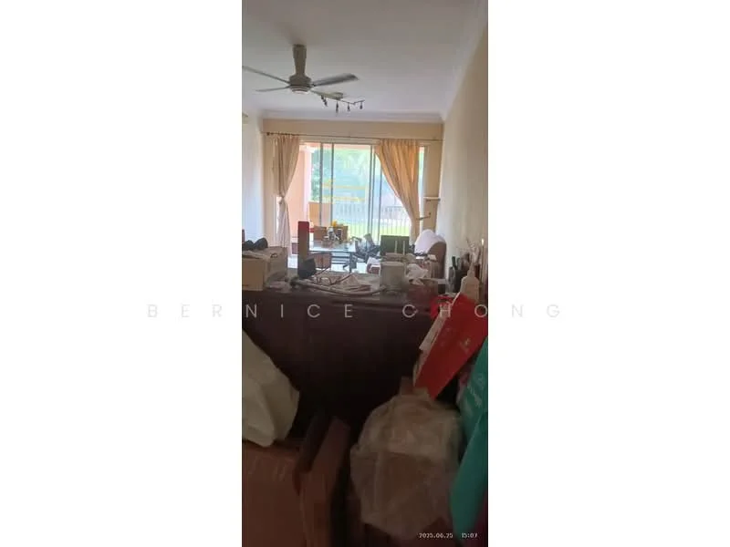 Room features: ceiling fan, large sliding glass door, curtains, dining table, chairs, various boxes and items, light-colored walls, wooden flooring; view: garden.