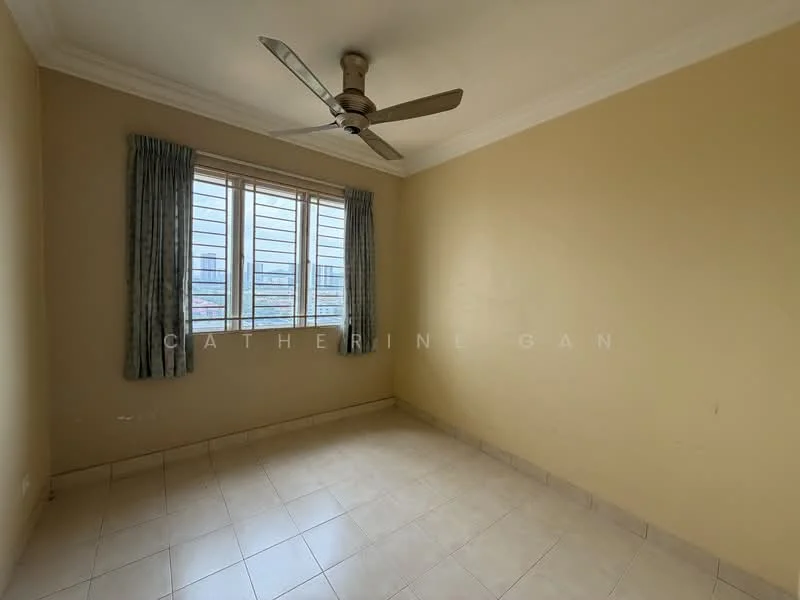 Room features: cream painted walls, tile flooring, ceiling fan, window with metal grille, curtains, natural light from window; view: city.