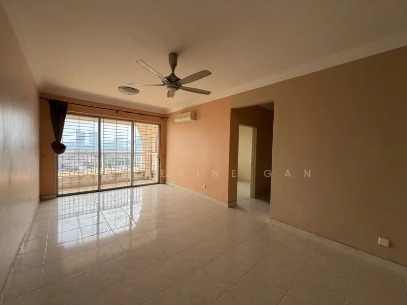 Living features: cream painted walls, white tiled flooring, 5-blade ceiling fan, floor-to-ceiling windows, sliding glass door, curtains, air conditioning unit, natural light, open layout; style: modern; view: city.