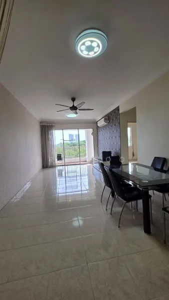 Living features: glossy tile flooring, white painted walls, 5-blade ceiling fan with light, recessed LED downlights, floor-to-ceiling windows, sliding glass door, dining table with black chairs, decorative feature wall with textured finish, curtains, air conditioning unit; style: modern; view: garden.