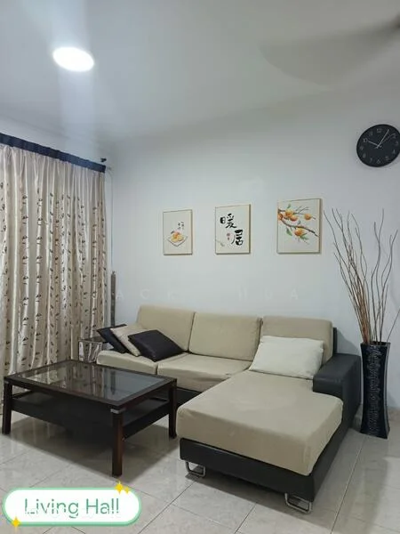 Living features: L-shape sectional sofa in beige and black, glass coffee table, cream curtains, wall-mounted clock, framed artwork on walls, decorative floor vase, tiled flooring, recessed ceiling lights; style: modern.