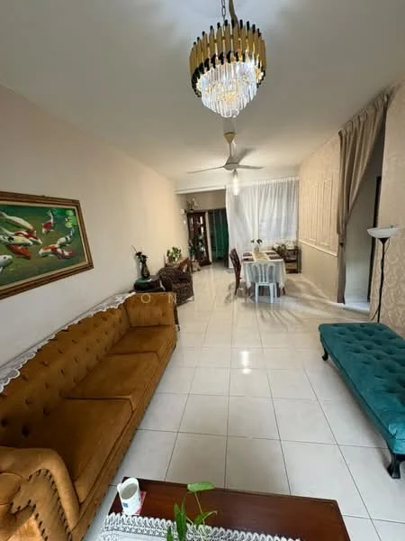 Living features: tan tufted sofa, chandelier with crystals, white tiled flooring, ceiling fan, decorative wall art with fish, green cabinet, dining table with white chairs, brown patterned armchair, curtains, floor lamp, plant in ceramic pot; style: modern.
