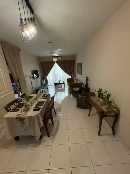 Living features: white painted walls, glossy white tile flooring, ceiling fan with light, chandelier, large window with sheer curtains, sofa set in brown, wooden coffee table, decorative side tables, wall-mounted TV, artwork on wall, indoor plants in pots; style: modern.