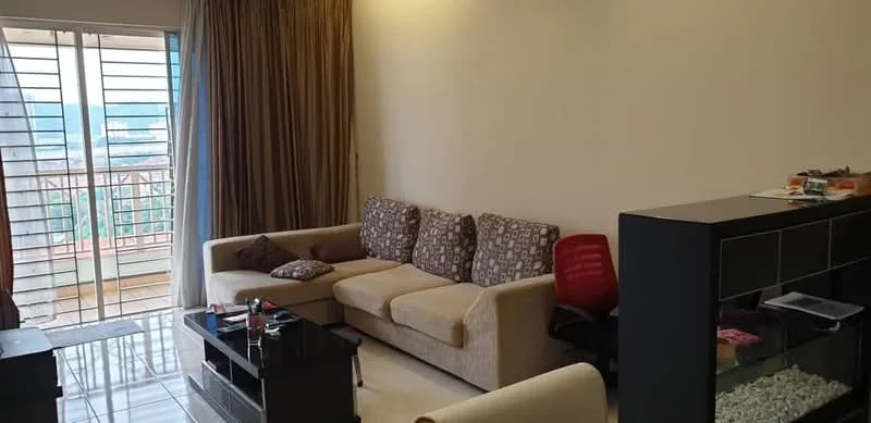 Living features: 3-seater fabric sofa in beige, accent pillows on sofa, coffee table, TV console, wall-mounted TV, floor-to-ceiling windows, sheer curtains, tile flooring, decorative wall with stone cladding, light-colored walls, area rug, side chair, open shelving unit; style: modern; view: city.