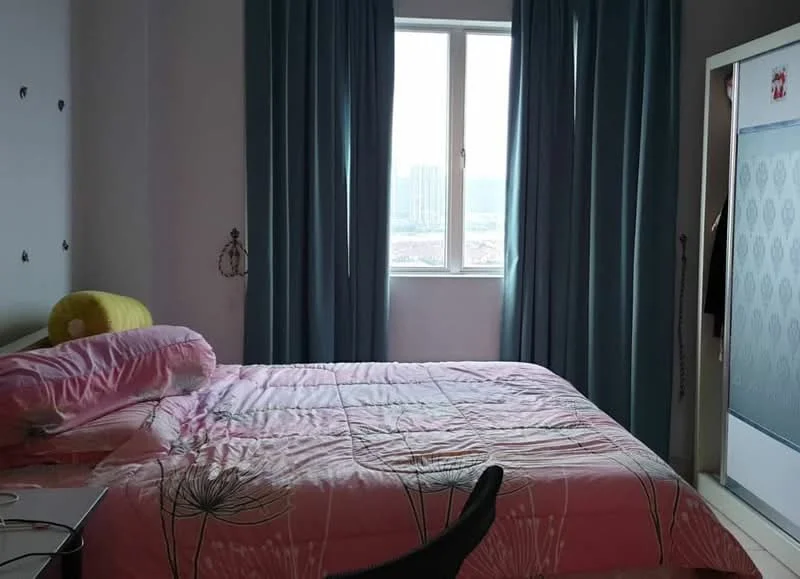 Bedroom features: queen-size bed with pink bedding, floor-to-ceiling window, blue curtains, white walls, built-in wardrobe with sliding doors, study desk with chair, decorative wall with hooks; style: modern; view: city.