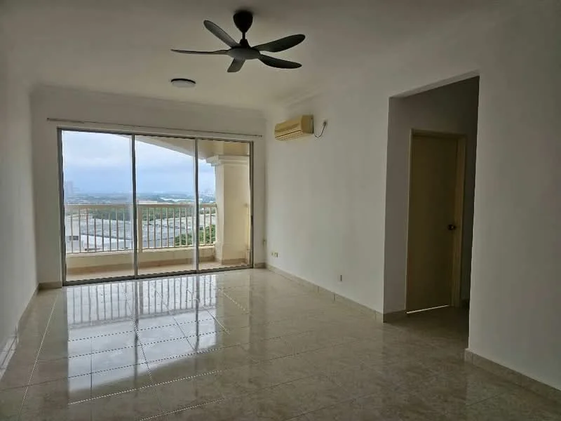 Living features: floor-to-ceiling sliding glass door, white painted walls, cream tiled flooring, 5-blade ceiling fan, wall-mounted split AC, balcony view, natural light from large windows, neutral color scheme; style: modern; view: city.