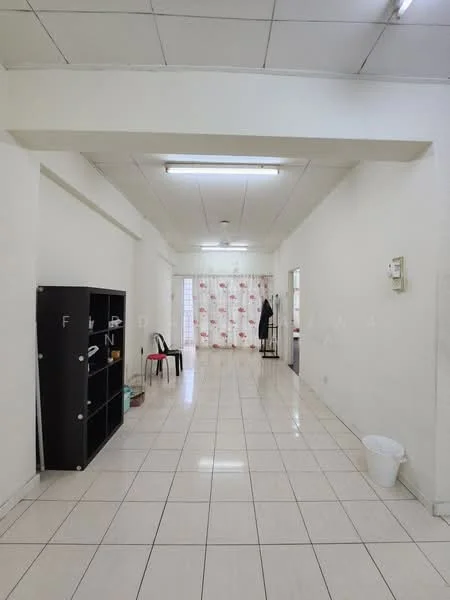 Room features: white painted walls, glossy ceramic tile flooring, ceiling lights, open layout, window with sheer curtains, black shelving unit, plastic waste bin, plastic chair; style: modern.