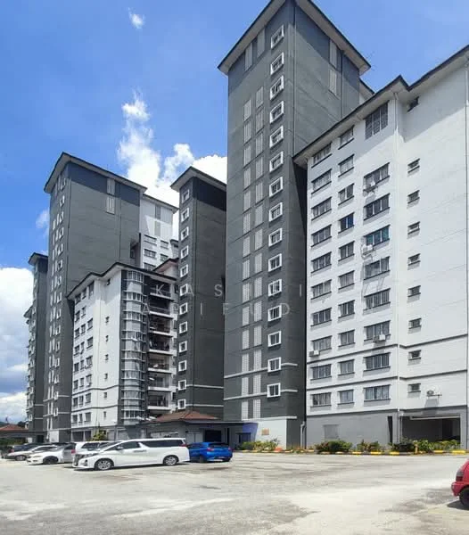 Exterior type: mid-rise condominium; features: grey painted facade, white painted facade, balconies on upper floors, multiple floors visible, parking lot in front, landscaped flower beds, windows with metal frames, entrance with signage; style: modern.