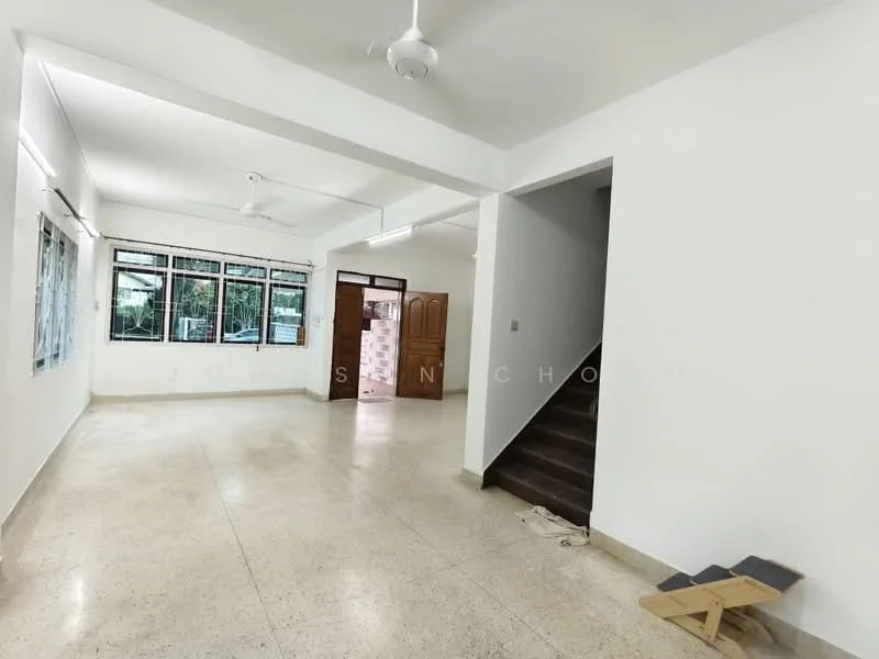 Room features: white painted walls, polished concrete flooring, ceiling fan, multiple windows, staircase, doorway leading to another room, natural light, open layout; style: minimalist; view: garden.