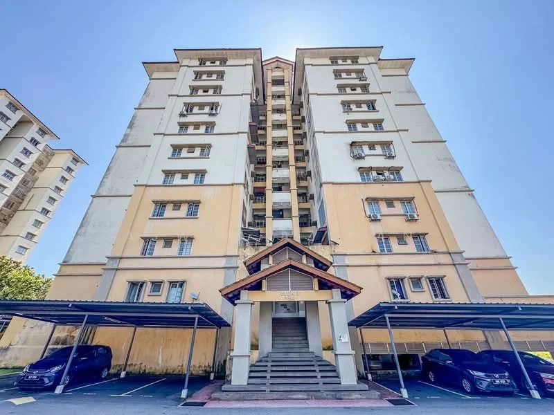 Exterior type: mid-rise condominium; features: cream painted facade, exposed concrete facade, flat roof, approximately 6-storey, covered parking, staircase leading to entrance, balconies visible on upper floors, air conditioning units on facade; style: modern.