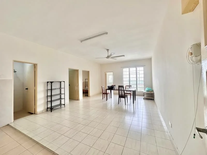 Living features: white painted walls, tile flooring, 5-blade ceiling fan, large windows with grid pattern, dining table with chairs, open layout, doorway leading to other rooms, shelving unit, natural light; style: minimalist. Room features: doorway, unknown room.