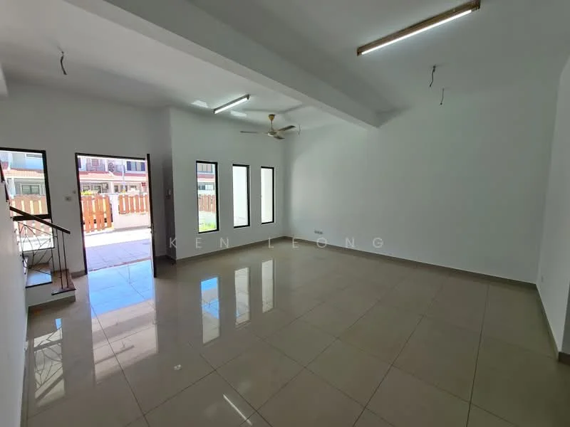 Living features: white painted walls, polished ceramic tile flooring, exposed beams on ceiling, 5-blade ceiling fan, 3 floor-to-ceiling windows, sliding glass door leading to outdoor area, no visible furniture, neutral color scheme; style: modern; view: garden.