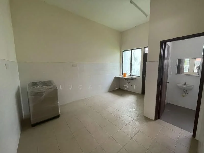 Laundry features: tile flooring, white painted walls, single window, door leading to bathroom, stainless-steel washing machine, sink, light fixture on ceiling. Bathroom features: tile flooring, white painted walls, toilet, sink, mirror, light fixture, window.