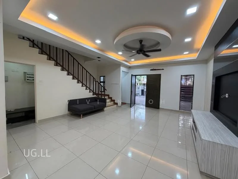 Living features: white painted walls, glossy ceramic tile flooring, tray ceiling with recessed lighting, 5-blade ceiling fan with light, sofa in dark fabric, wall-mounted TV, entertainment unit, large windows for natural light, staircase with wooden railing, LED strip lighting along ceiling, open layout, neutral color palette; style: modern.
