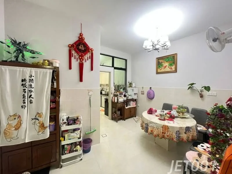 Dining features: round dining table with tablecloth, 4 upholstered dining chairs, chandelier with multiple bulbs, wall-mounted ceiling fan, white painted walls, cream tiled flooring, decorative wall art, shelves with various items, decorative plants, Chinese decorative wall hanging, open doorway to kitchen, storage cabinet with multiple compartments; style: modern.