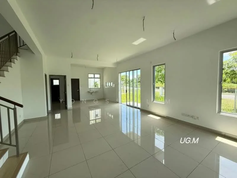 Living features: white painted walls, glossy ceramic tile flooring, large floor-to-ceiling windows, sliding glass door, high ceiling, recessed downlights, open layout, natural light, view of outdoor greenery; style: modern; view: garden. Kitchen features: white painted walls, glossy ceramic tile flooring, window above sink, open layout to living area; style: modern; view: garden.