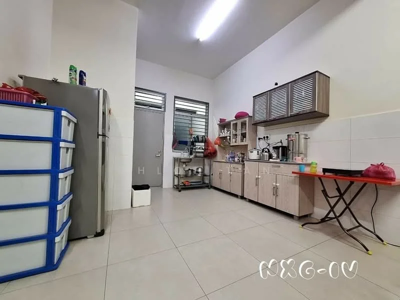 Kitchen features: stainless-steel fridge, white cabinets with wooden finish, grey countertop, ceramic tile flooring, wall-mounted shelves, sink, kettle, toaster, small kitchen table, plastic storage drawers, window with metal grille, light fixture on ceiling; style: modern.