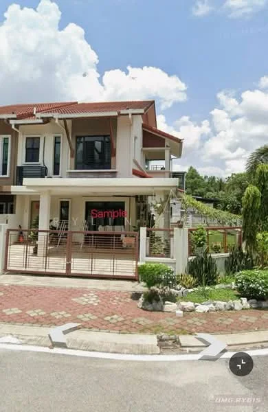 Exterior type: semi-detached house; features: white painted facade, red tiled roof, two-storey structure, manicured lawn, paved driveway, garden area with shrubs, balcony on the upper floor, fence with horizontal slats, front porch, surrounded by greenery; style: modern.