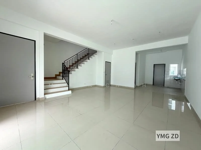 Room features: white painted walls, glossy tile flooring, staircase with wooden steps and metal railing, recessed ceiling lights, open layout, large windows for natural light, door leading to another room, door leading to staircase, neutral color scheme; style: modern.