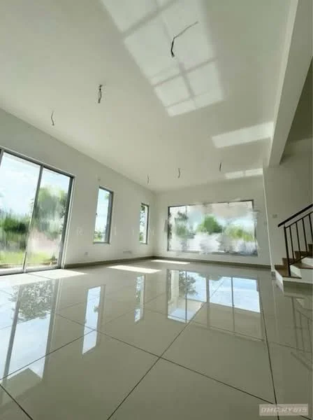 Living features: white painted walls, glossy ceramic tile flooring, large floor-to-ceiling windows, sliding glass door, natural light from windows, unfurnished space, high ceiling, staircase visible, no visible ceiling fixtures; style: modern; view: garden.