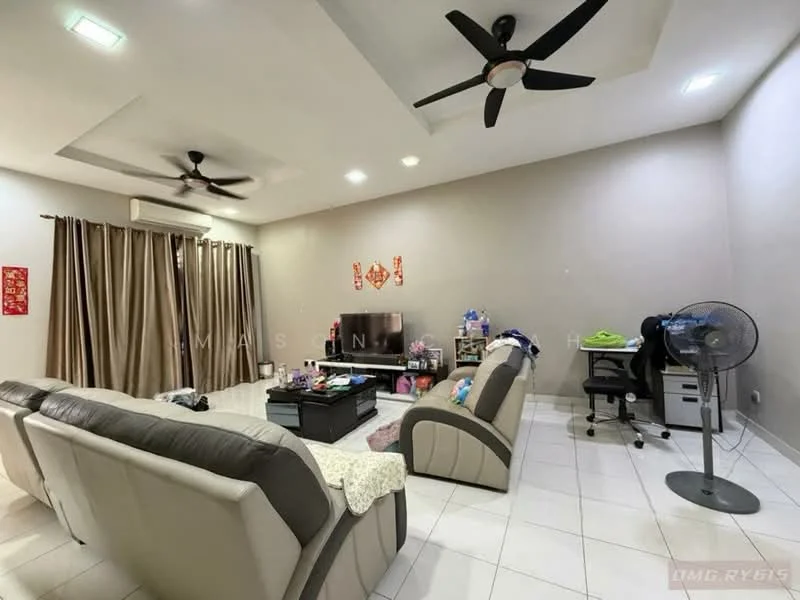 Living features: white painted walls, tile flooring, tray ceiling, 2 ceiling fans, recessed downlights, large TV on stand, coffee table, 2-seater leather sofa in grey, 3-seater leather sofa in beige, decorative wall art, curtains, floor fan, work desk with chair; style: modern.