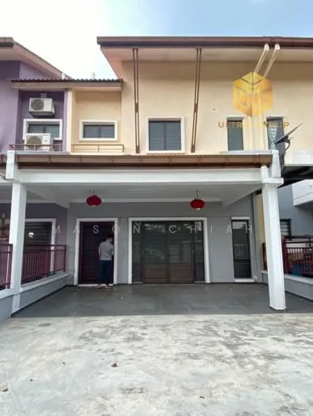 Exterior type: linked terrace house; features: two-storey building, white painted facade, red lanterns hanging at entrance, covered porch area, grey tiled flooring, multiple air conditioning units visible, front door with security grille, balcony on upper level, manicured landscaping in front; style: modern.