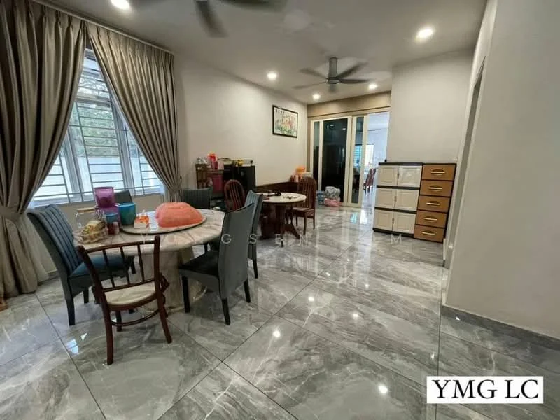 Dining features: grey marble tile flooring, 5-blade ceiling fan, large windows with sheer curtains, round dining table, 4 dining chairs in various colors, decorative wall art, wall-mounted cabinets, recessed lighting; style: modern. Room features: cream painted walls, open layout leading to another room, additional furniture visible in background.